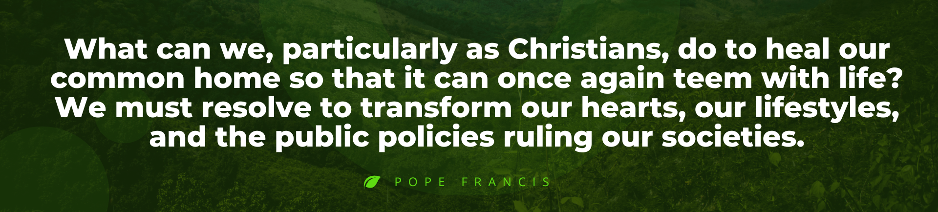 What can we, particularly as Christians, do to heal our common home so that it can once again teem with life? We must resolve to transform our hearts, our lifestyles, and the public policies ruling our societies.